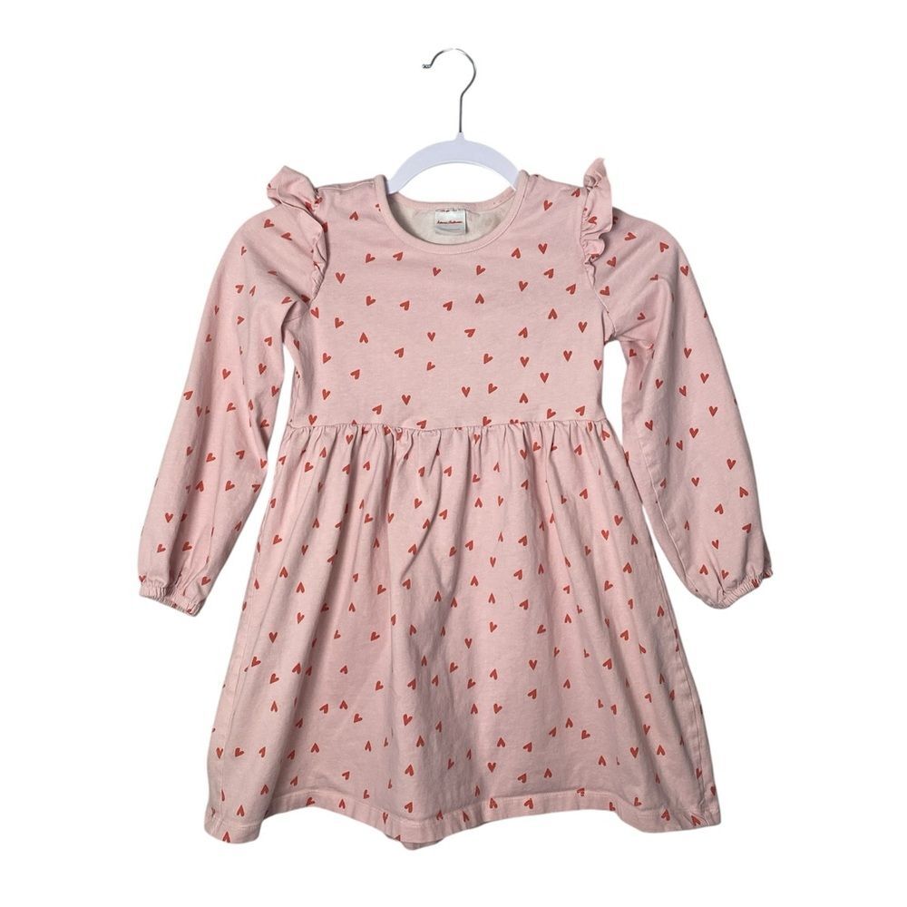 Hanna Andersson Girls Heart Print Dress Size 6–7 Pink Cotton Ruffle Long Sleeve